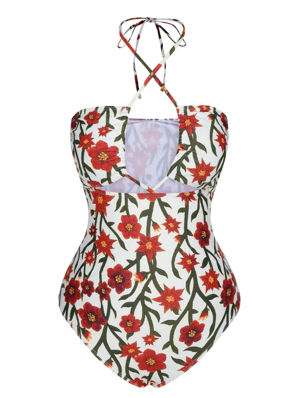 1960s Front Hollow Floral Halter Swimsuit sold by Retro Stage