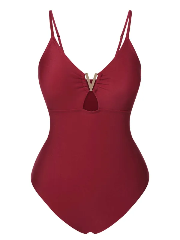 1950s Solid Hollow V-Neck One-Piece Swimsuit sold by Retro Stage