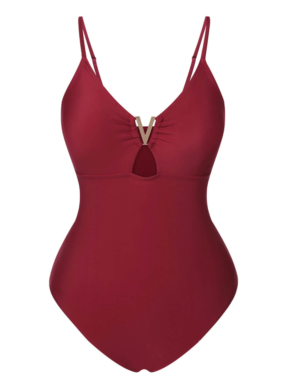 1950s Solid Hollow V-Neck One-Piece Swimsuit sold by Retro Stage