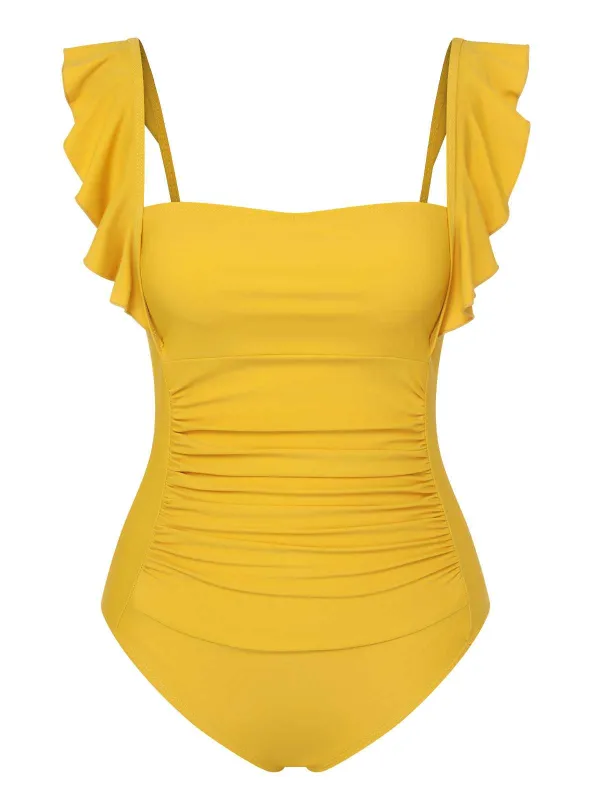 1950s Ruffles Backless Solid One-Piece Swimsuit sold by Retro Stage