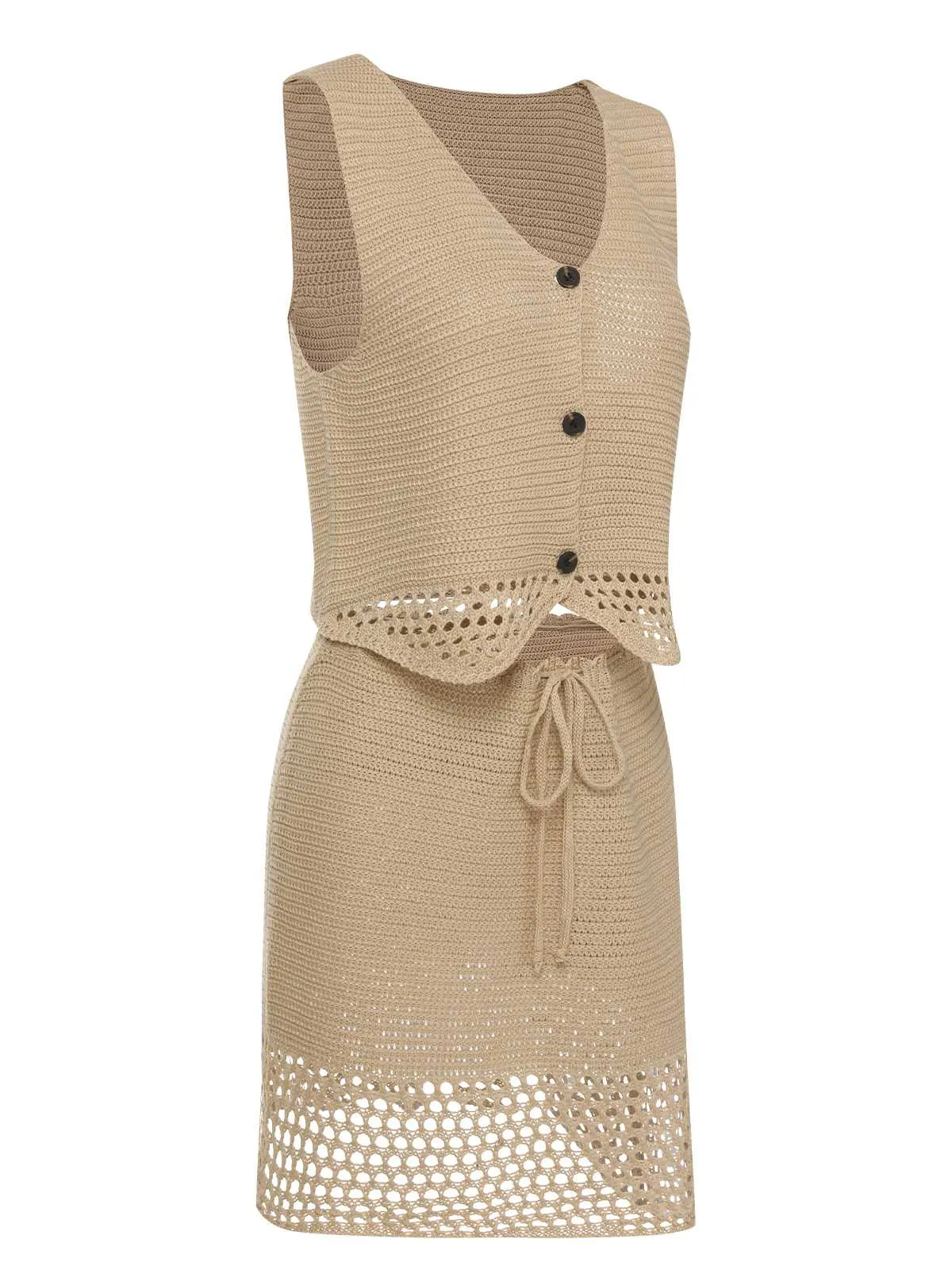 2PCS Khaki 1960s V-Neck Solid Vest & Skirt sold by Retro Stage product image thumbnail 2