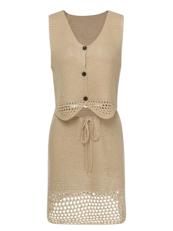 2PCS Khaki 1960s V-Neck Solid Vest & Skirt sold by Retro Stage