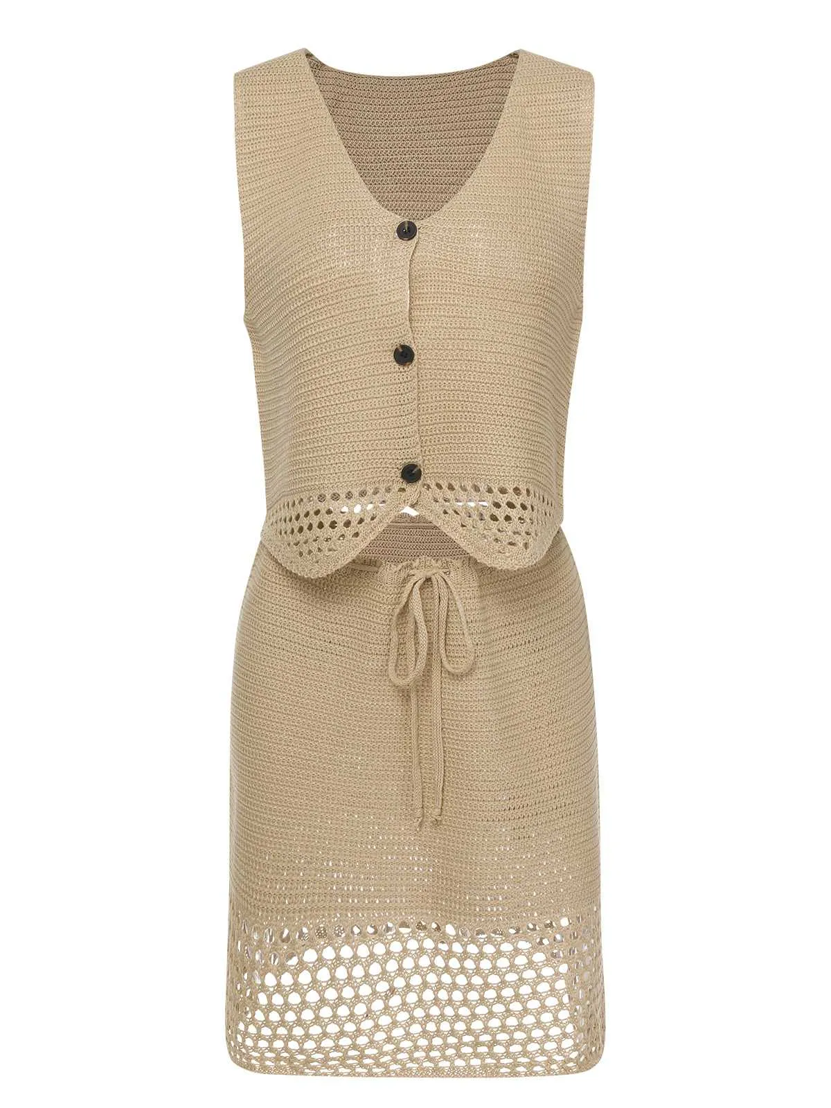 2PCS Khaki 1960s V-Neck Solid Vest & Skirt sold by Retro Stage