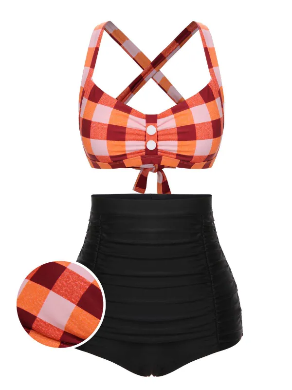 1950s Double Strap Buttoned Plaids Swimsuit sold by Retro Stage