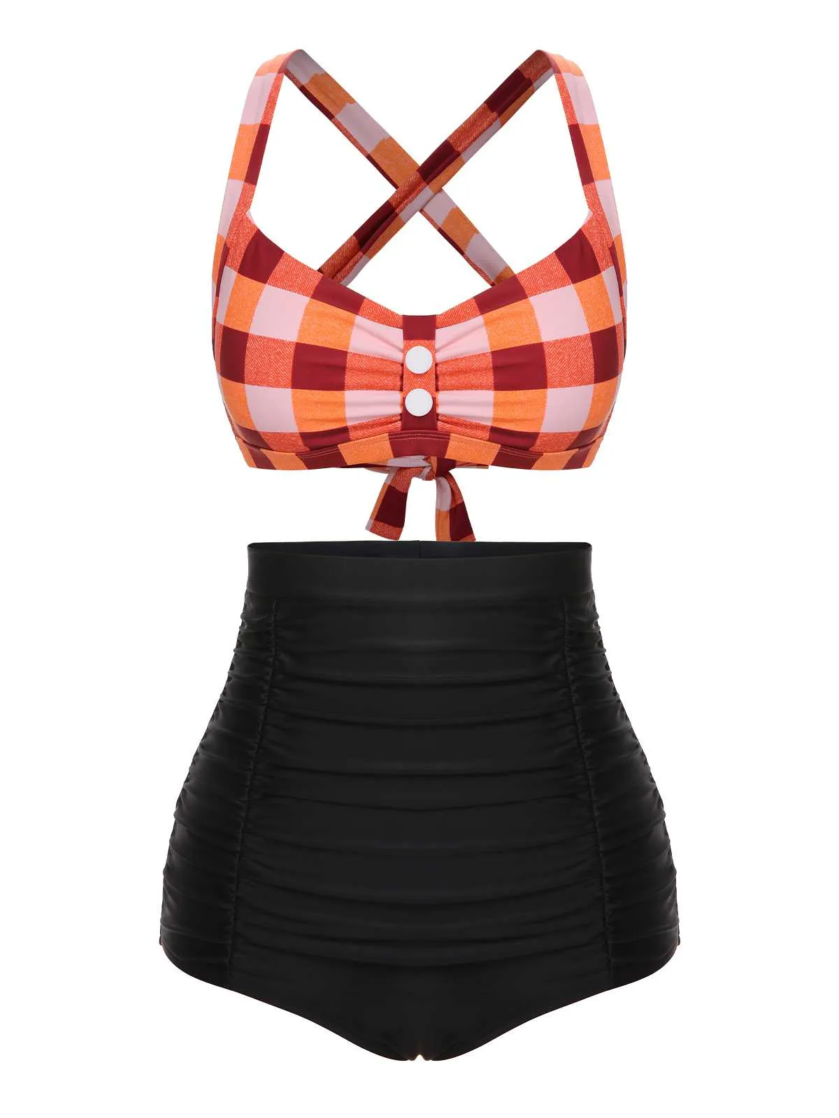 1950s Double Strap Buttoned Plaids Swimsuit sold by Retro Stage product image thumbnail 2