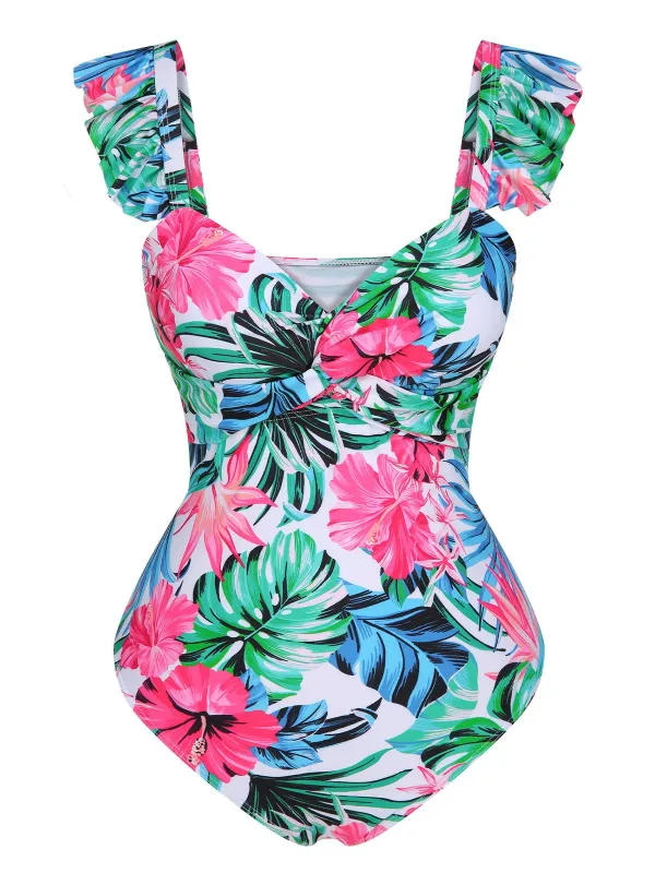 Multicolor 1970s Tropical Plants Ruffles Swimsuit sold by Retro Stage
