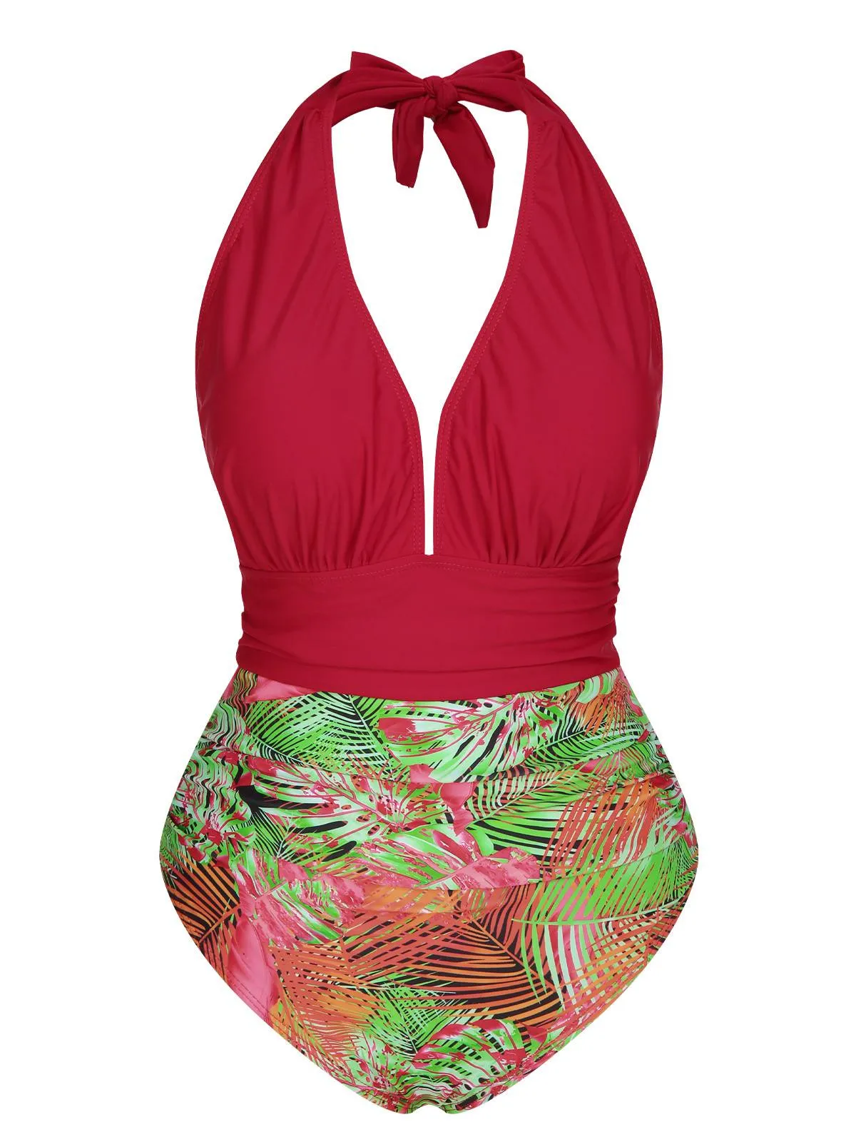 Red 1930s Tropical Plants One-Piece Swimsuit sold by Retro Stage