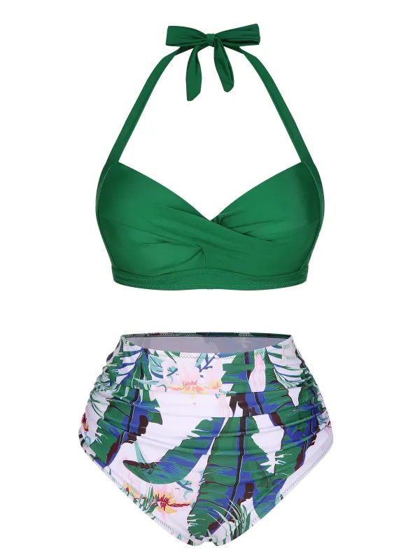 Green 1930s Halter Tropical Plants Swimsuit made by Retro Stage