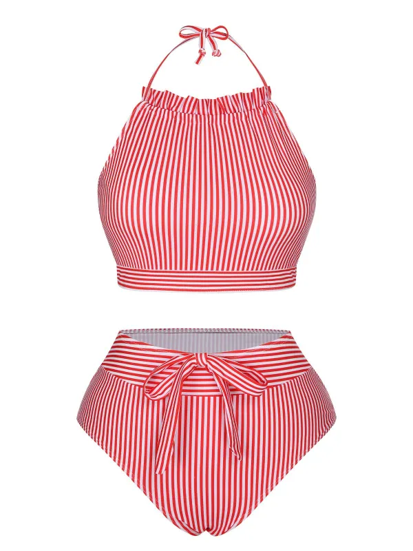 Red & White 1930s Striped Knot Halter Swimsuit sold by Retro Stage