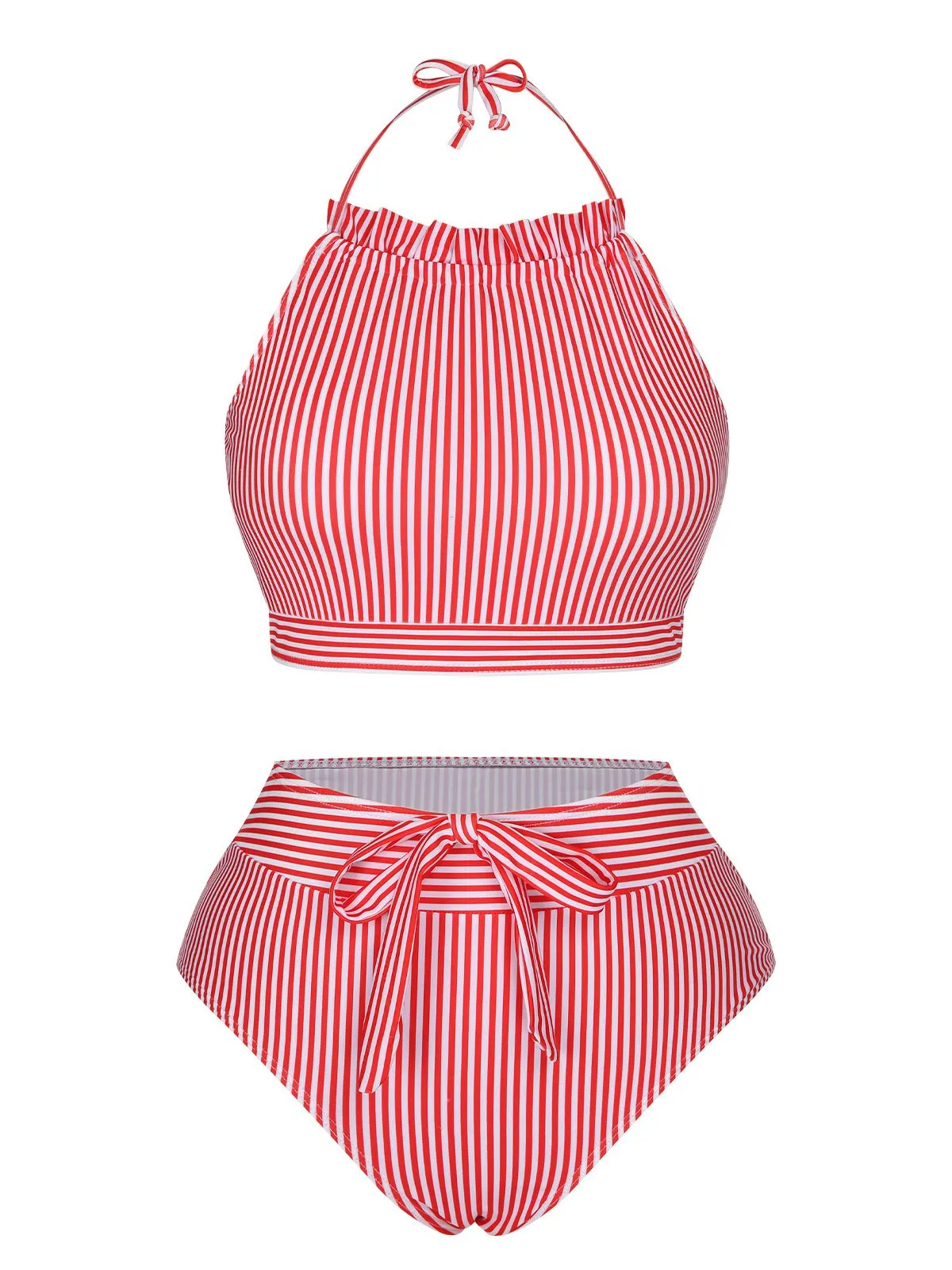 Red & White 1930s Striped Knot Halter Swimsuit sold by Retro Stage