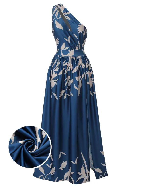 Blue 1940s One-Shoulder Plants Slit Dress sold by Retro Stage