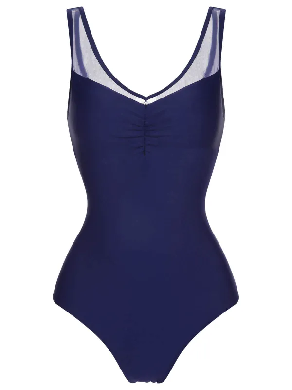 Deep Blue 1930s Solid Back Cross Swimsuit sold by Retro Stage