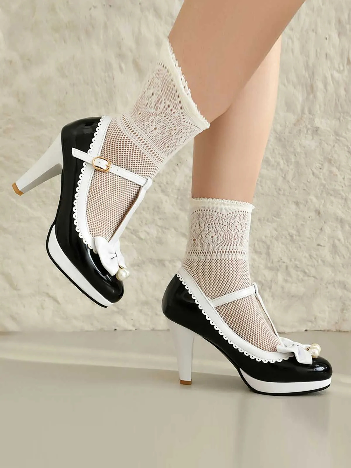 Retro Bow Pearl T-Strap Contrast High Heels Shoes sold by Retro Stage product image thumbnail 2