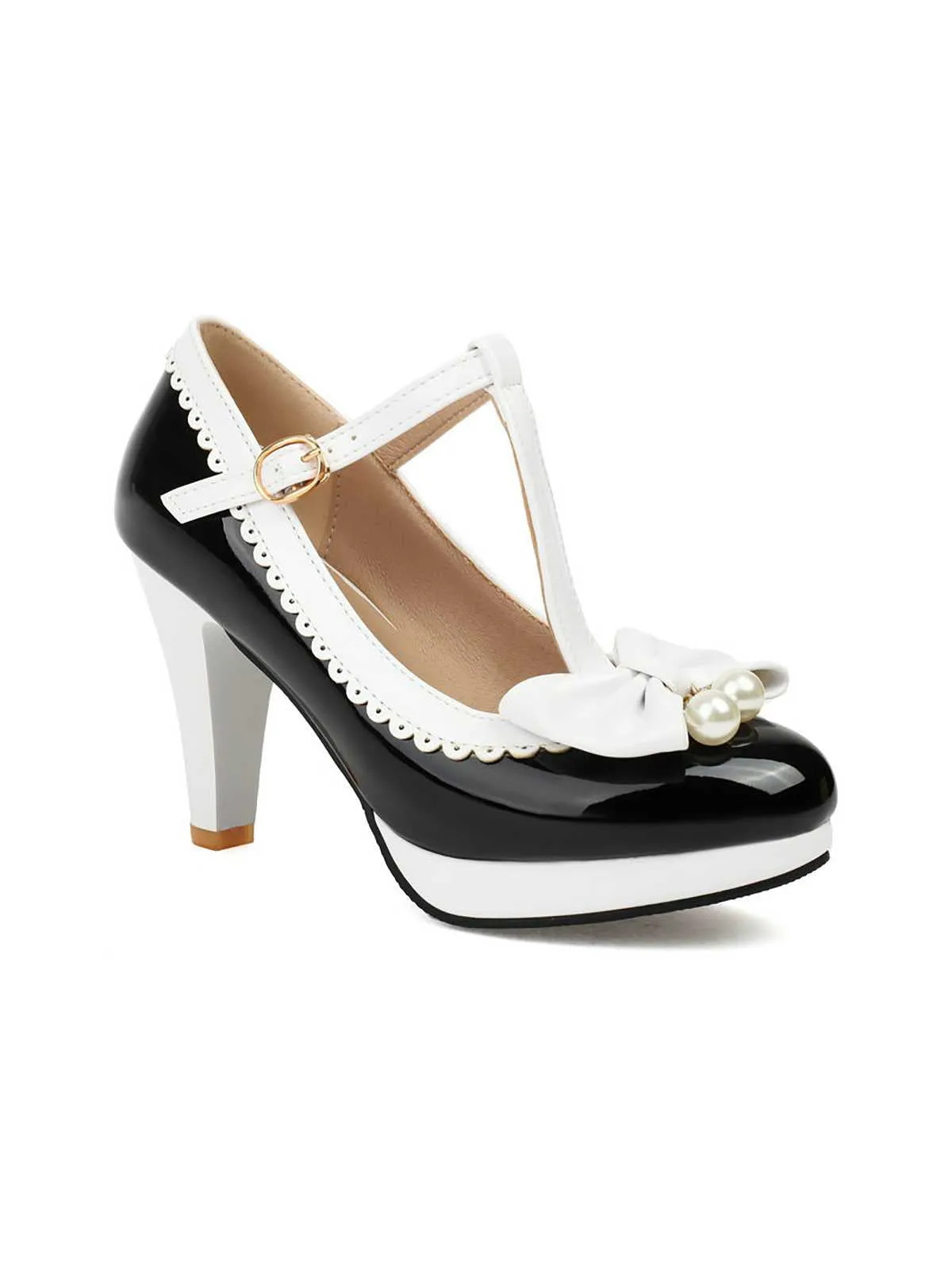 Retro Bow Pearl T-Strap Contrast High Heels Shoes sold by Retro Stage product image thumbnail 3