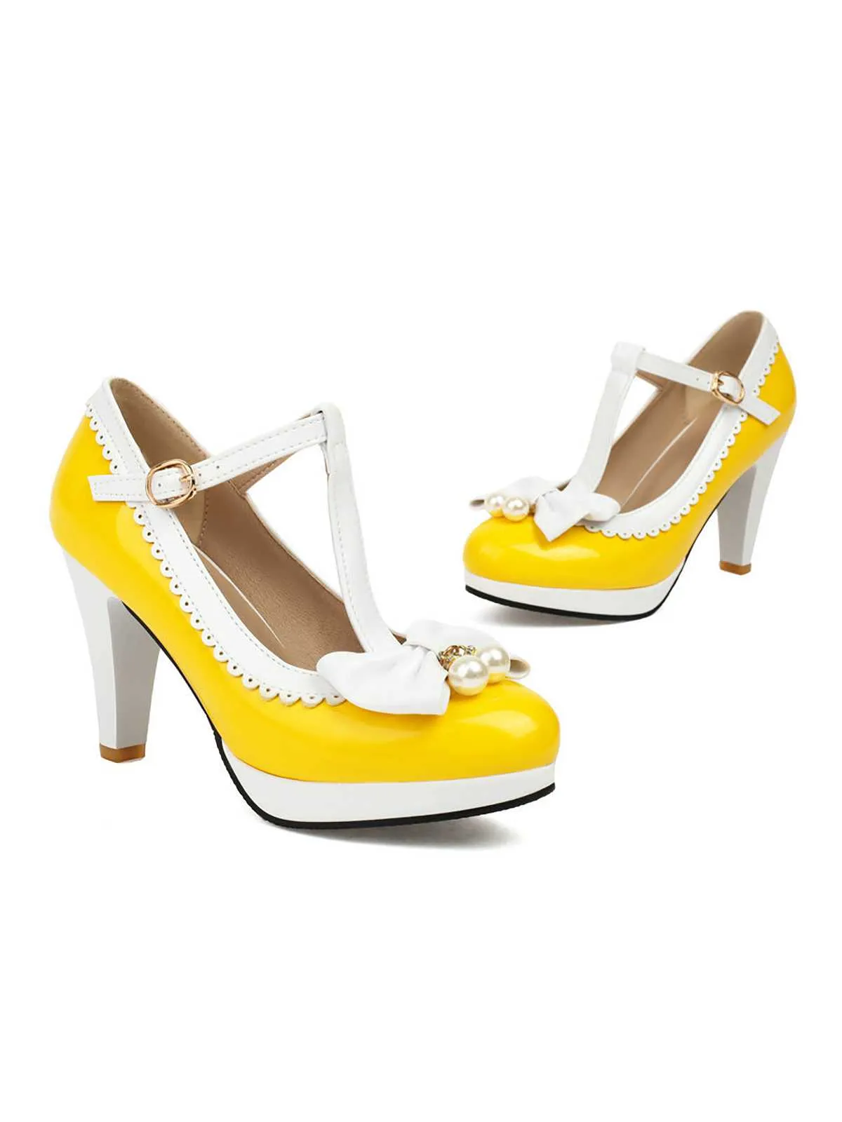 Retro Bow Pearl T-Strap Contrast High Heels Shoes sold by Retro Stage product image thumbnail 4