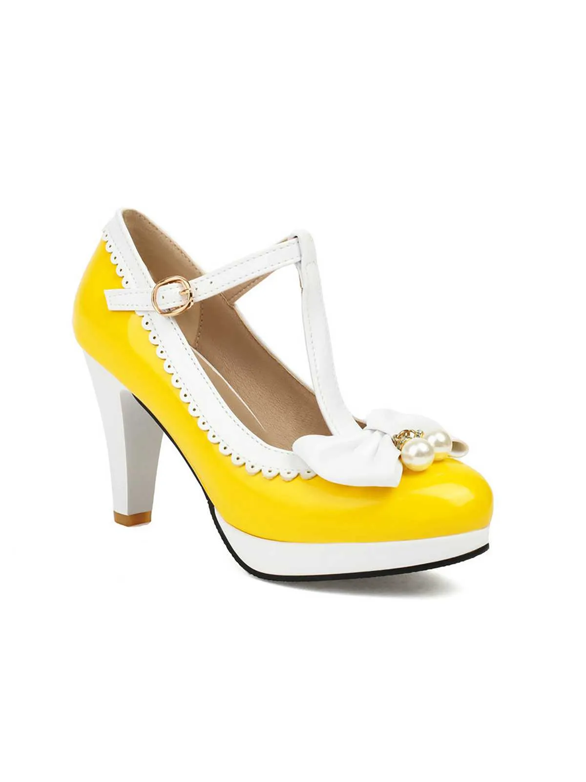 Retro Bow Pearl T-Strap Contrast High Heels Shoes sold by Retro Stage product image thumbnail 5