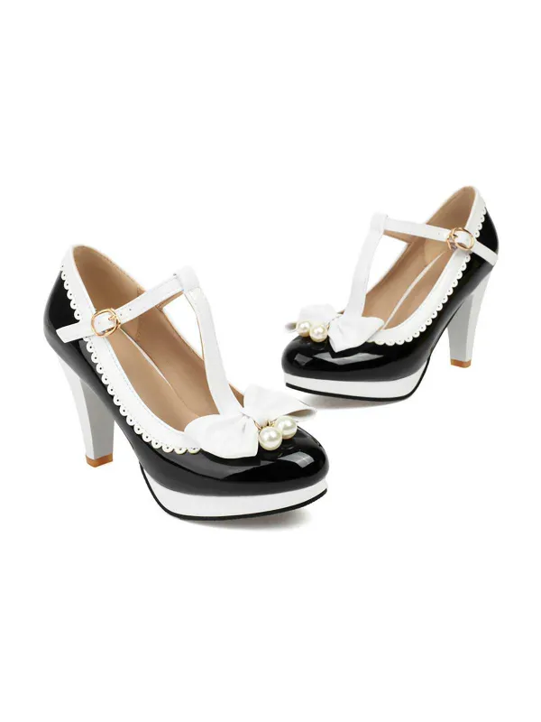 Retro Bow Pearl T-Strap Contrast High Heels Shoes sold by Retro Stage
