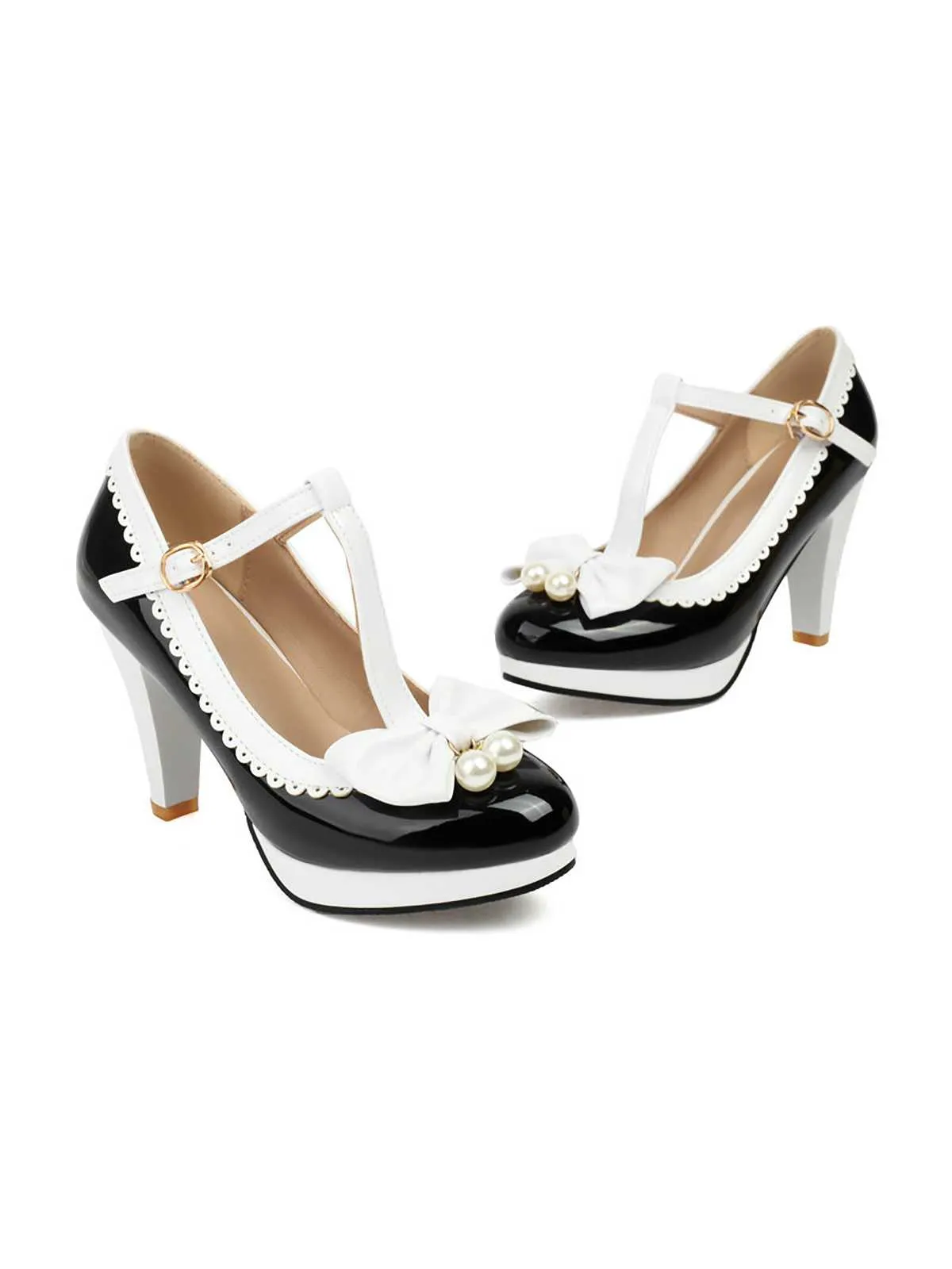 Retro Bow Pearl T-Strap Contrast High Heels Shoes sold by Retro Stage