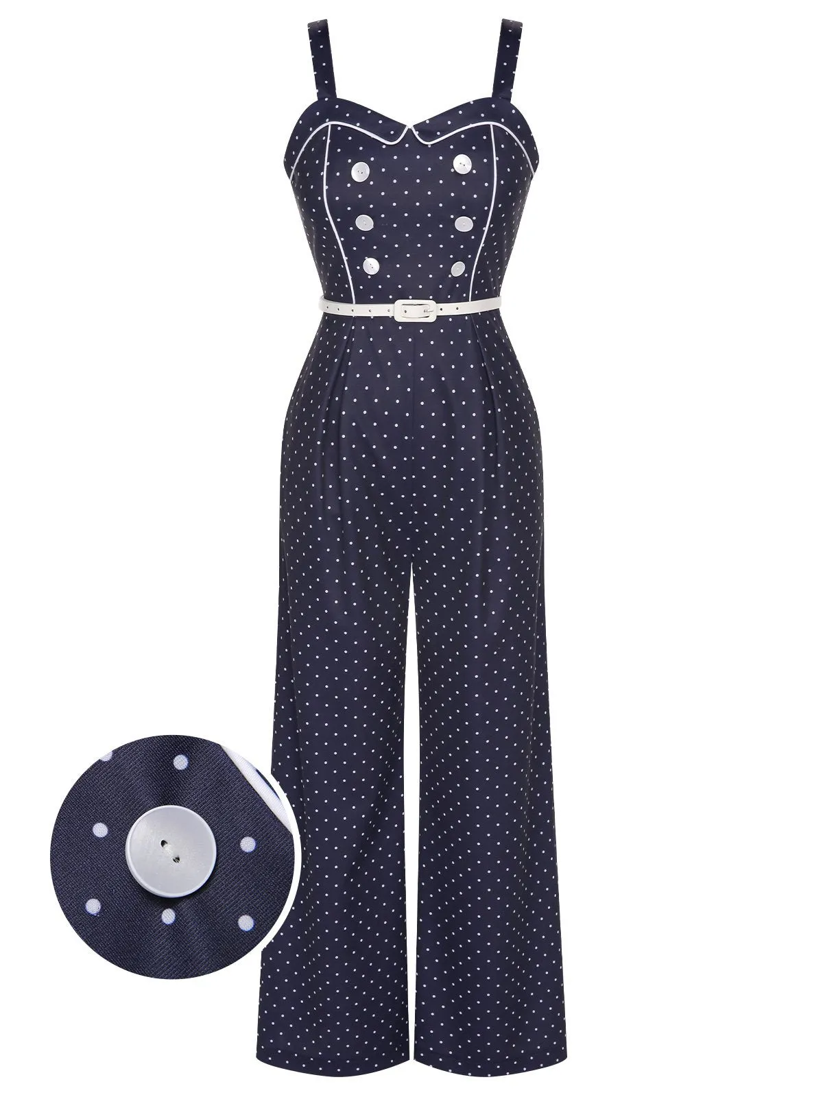 Dark Blue 1930s Polka Dots Straps Jumpsuit sold by Retro Stage