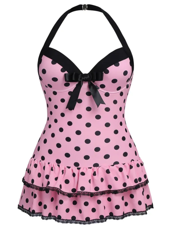 [Plus Size] Pink 1940s Polka Dots Hater Swimsuit sold by Retro Stage