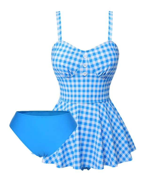 Dark Blue 1950s Plaid Spaghetti Strap Swimsuit sold by Retro Stage