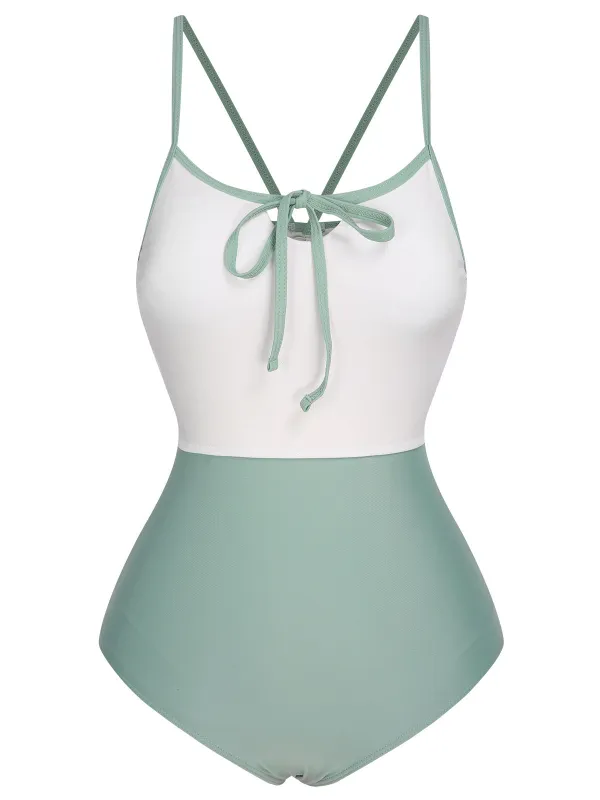 1950s Color Contrast BowKnot Strap Swimsuit sold by Retro Stage