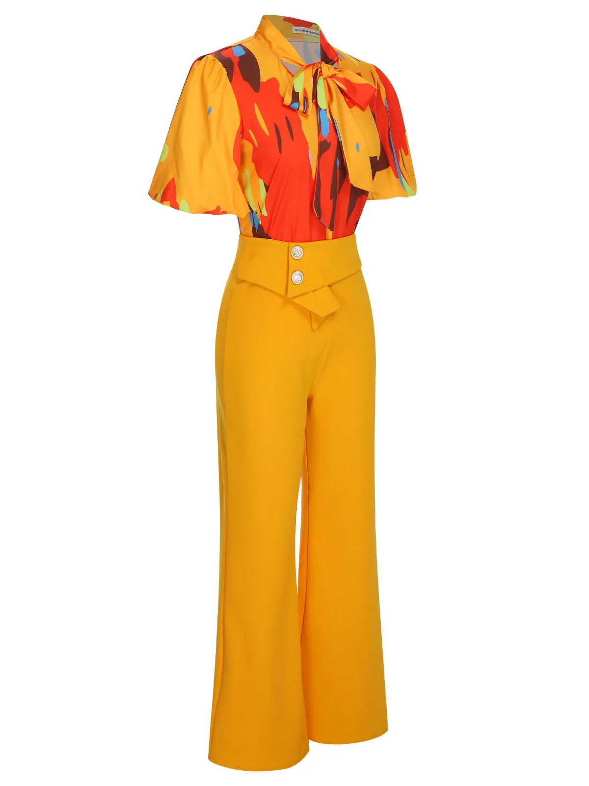 2PCS Yellow 1970s Tie Bow Colorblock Blouse & Bottons Pants sold by Retro Stage product image thumbnail 2