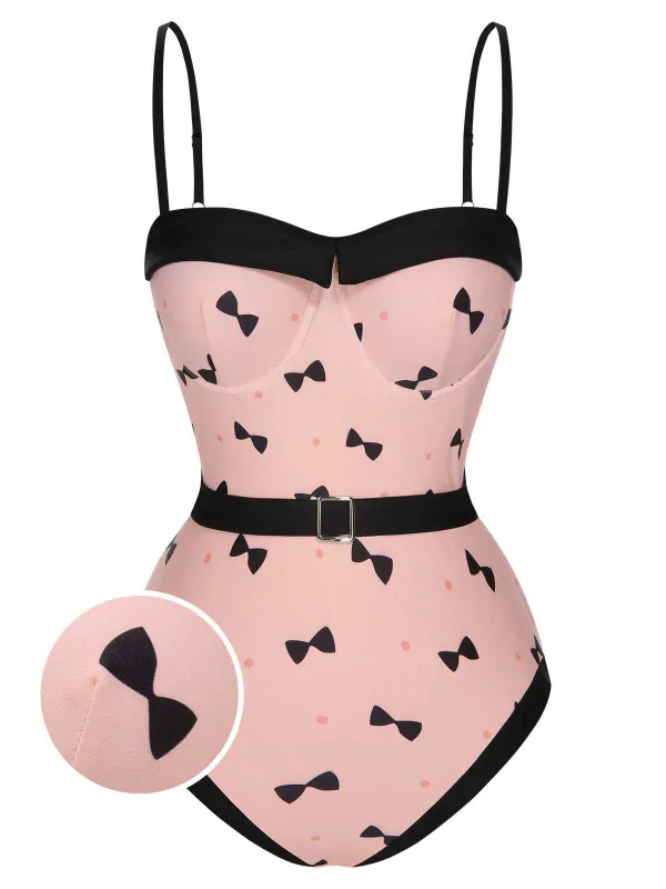 Pink 1950s Bow Polka Dots Print One-Piece Swimsuit sold by Retro Stage
