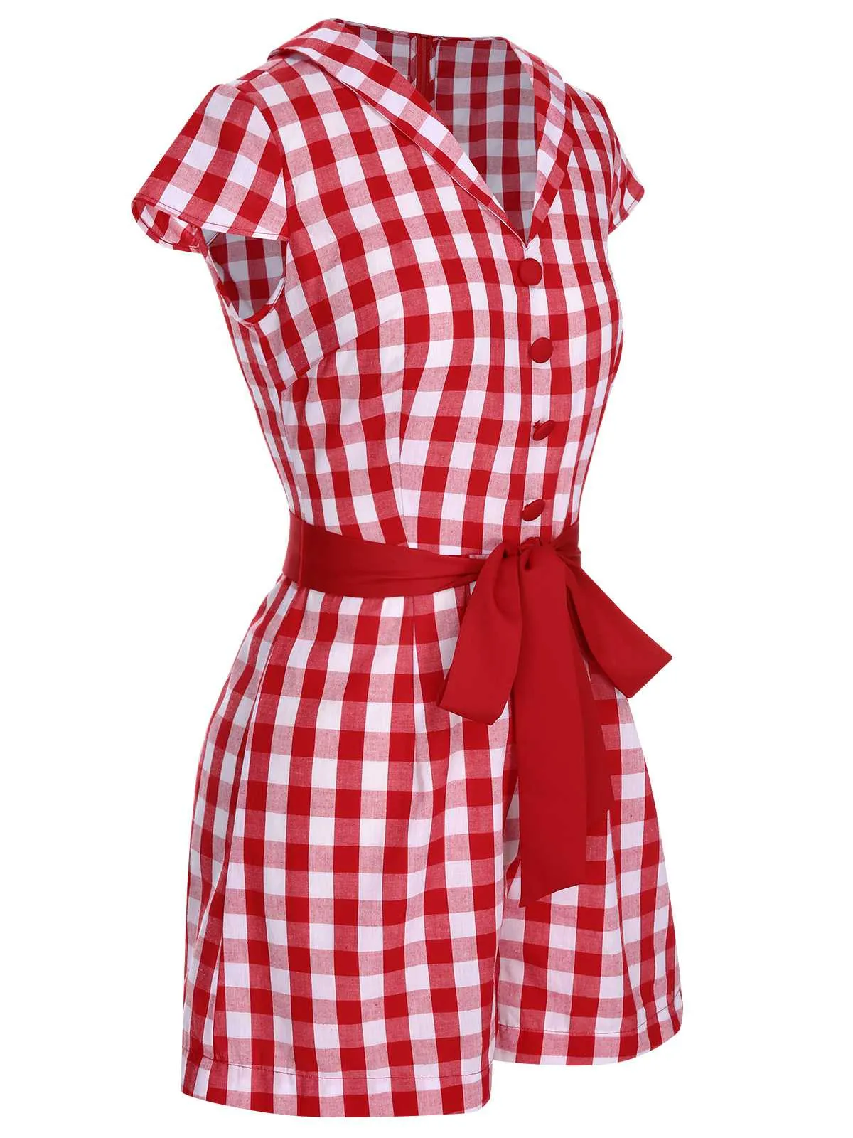 Red 1940s Lapel Plaids Belted Romper sold by Retro Stage product image thumbnail 3