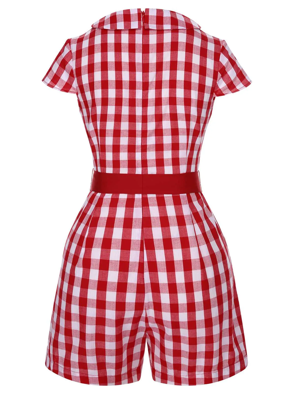 Red 1940s Lapel Plaids Belted Romper sold by Retro Stage product image thumbnail 4