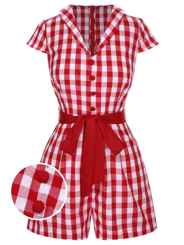 Red 1940s Lapel Plaids Belted Romper sold by Retro Stage