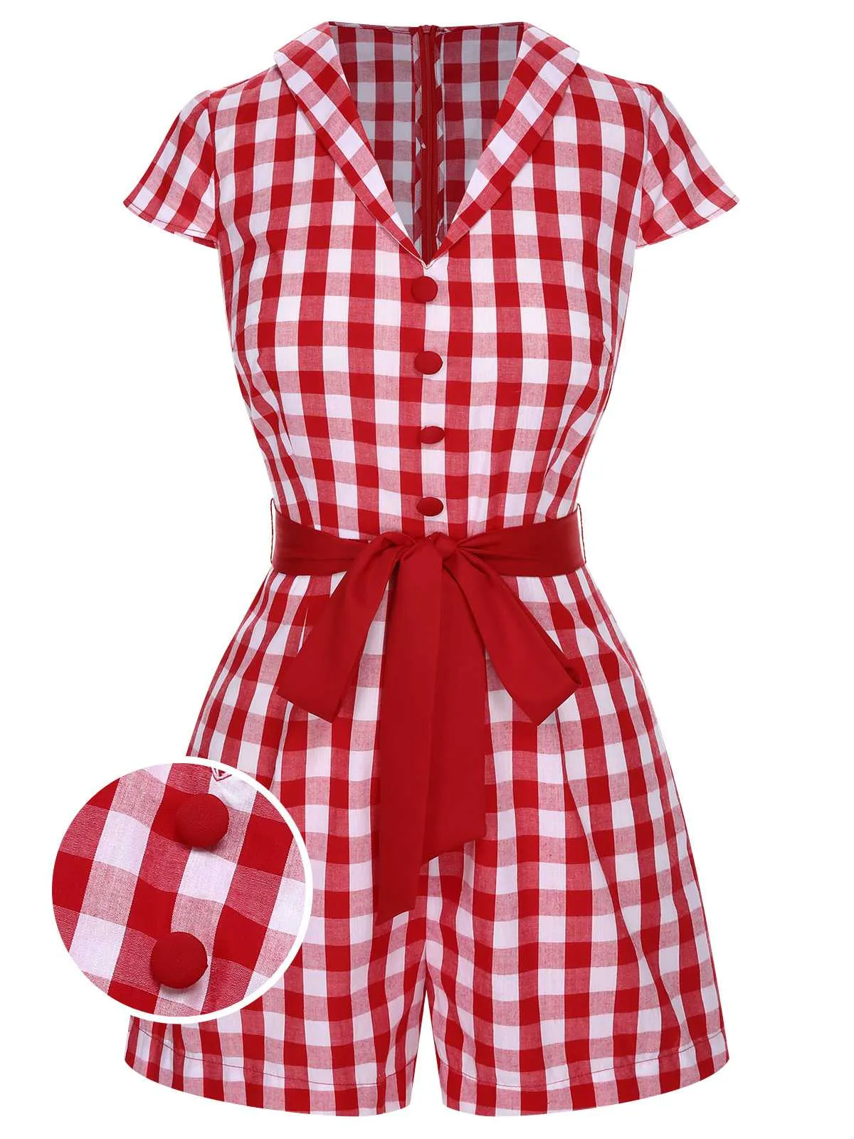 Red 1940s Lapel Plaids Belted Romper sold by Retro Stage