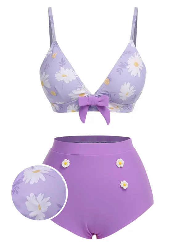 Purple 1950s Daisy Bow Strap Swimsuit sold by Retro Stage