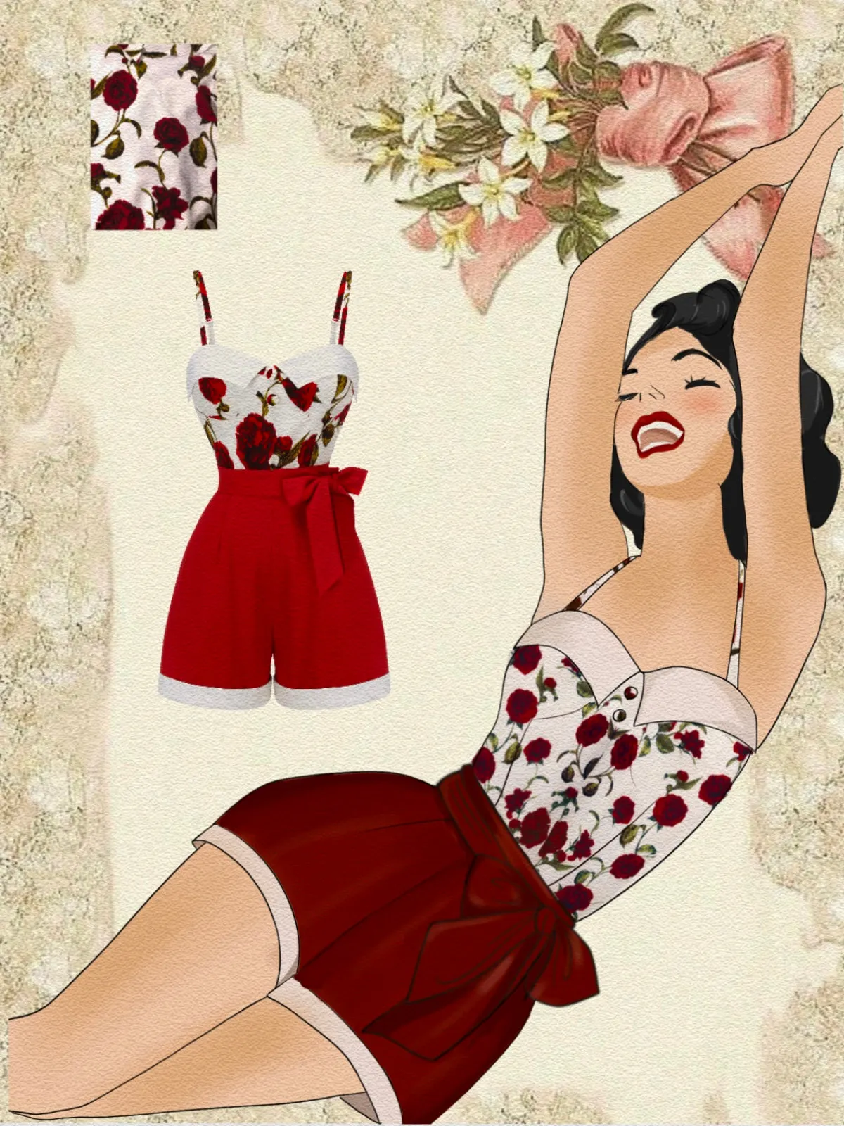 Red 1950s Floral Strap Patchwork Romper sold by Retro Stage product image thumbnail 3