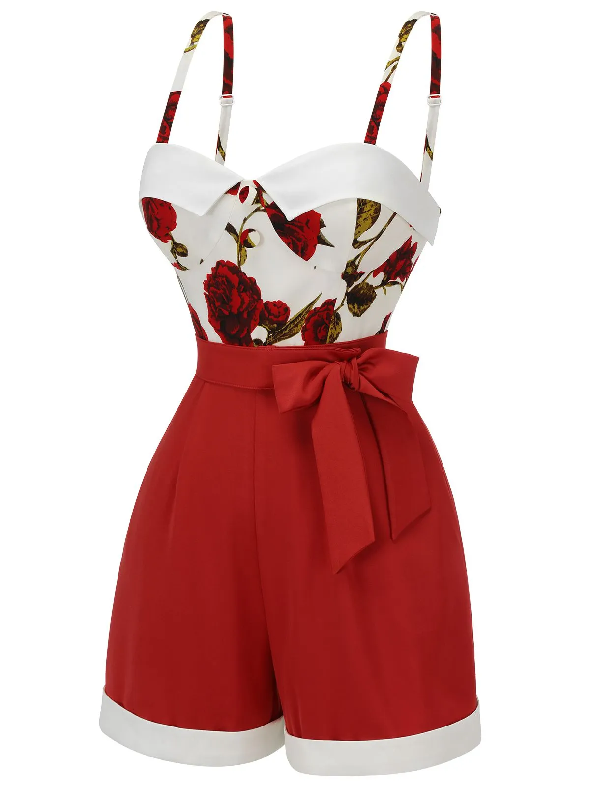 Red 1950s Floral Strap Patchwork Romper sold by Retro Stage product image thumbnail 5