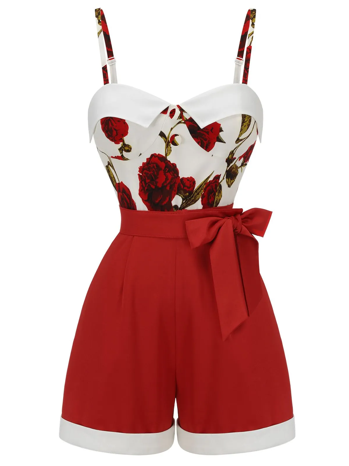 Red 1950s Floral Strap Patchwork Romper sold by Retro Stage product image thumbnail 4