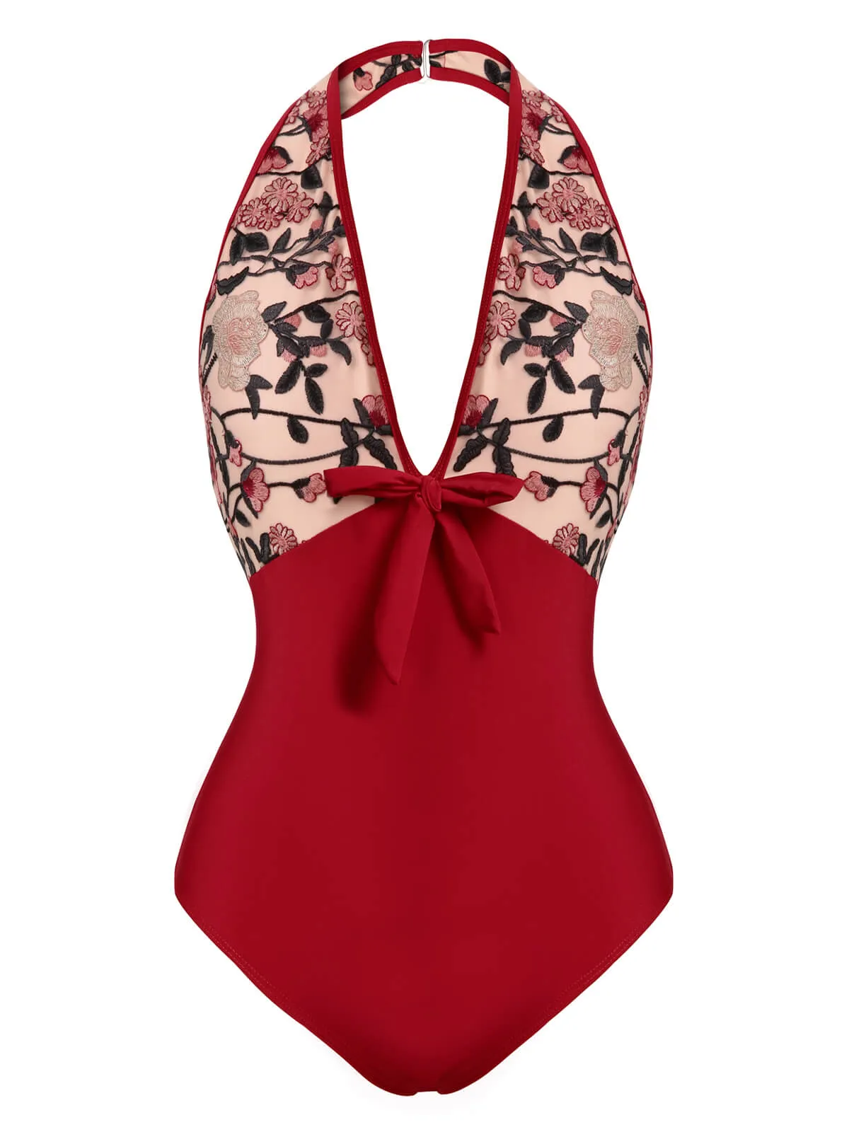 Wine Red 1950s Floral Backless Swimsuit sold by Retro Stage product image thumbnail 2