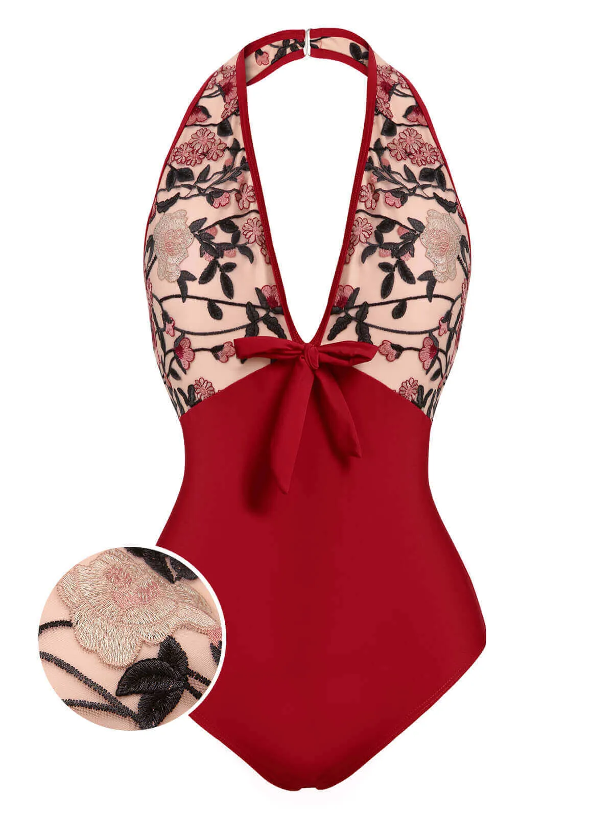 Wine Red 1950s Floral Backless Swimsuit sold by Retro Stage