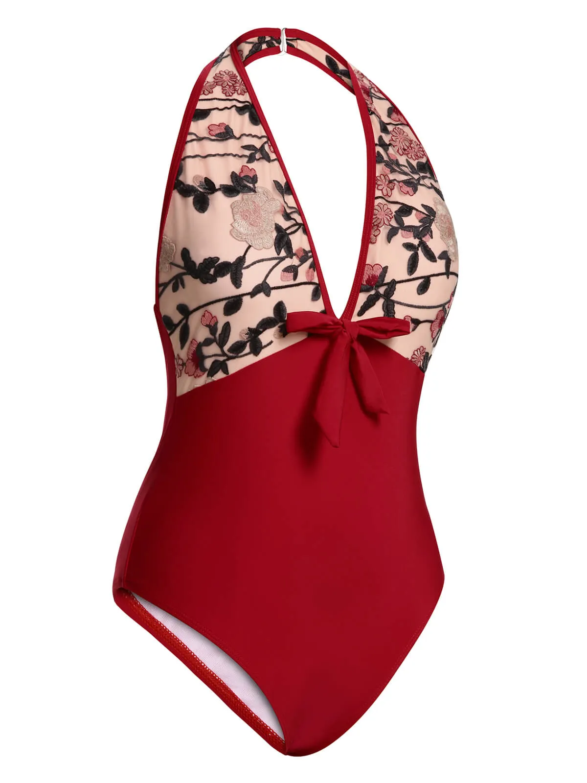 Wine Red 1950s Floral Backless Swimsuit sold by Retro Stage product image thumbnail 3