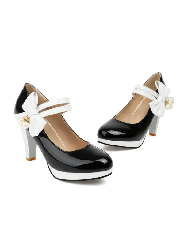 Mary Jane Color Block Side Bow High Heel Shoes sold by Retro Stage