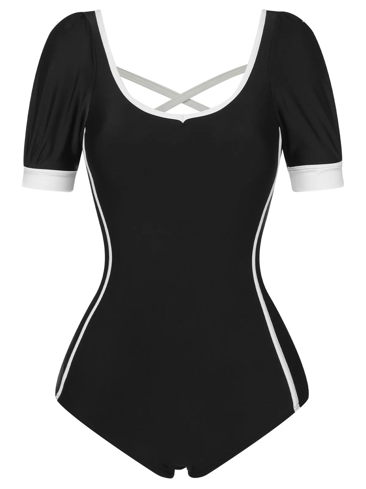Black 1960s Puff Sleeves One-Piece Swimsuit sold by Retro Stage