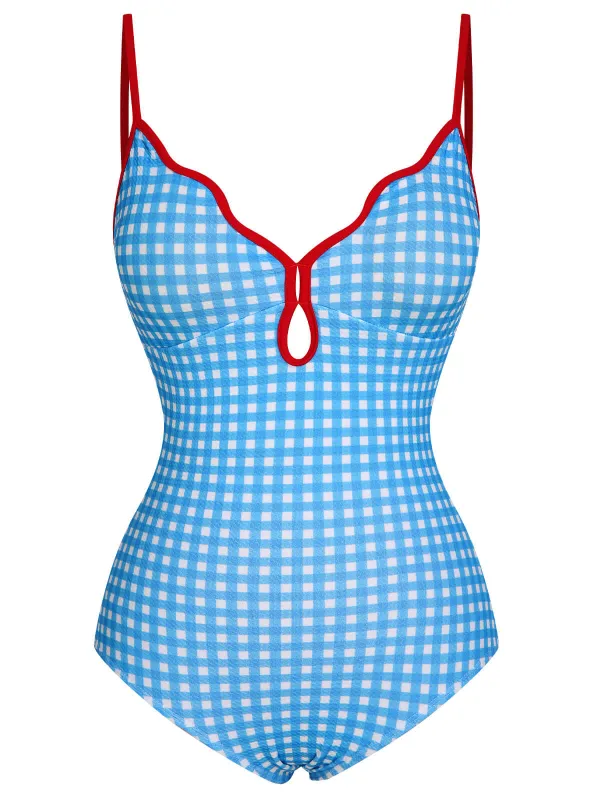 Blue 1950s Plaid Sling One-Piece Swimsuit sold by Retro Stage