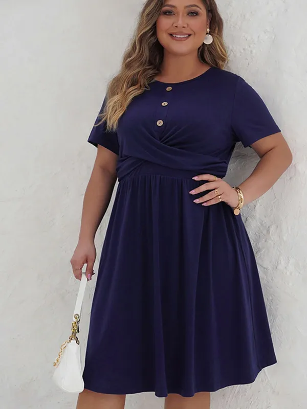[Plus Size] Deep Blue 1950s Solid Front Cross Dress sold by Retro Stage