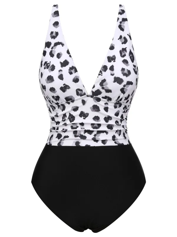 Black 1930s Leopard Patchwork V-Neck Swimsuit sold by Retro Stage
