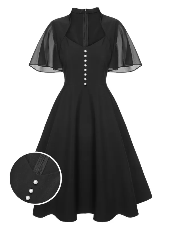 Black 1950s V-Neck Pearl Buttons Dress sold by Retro Stage