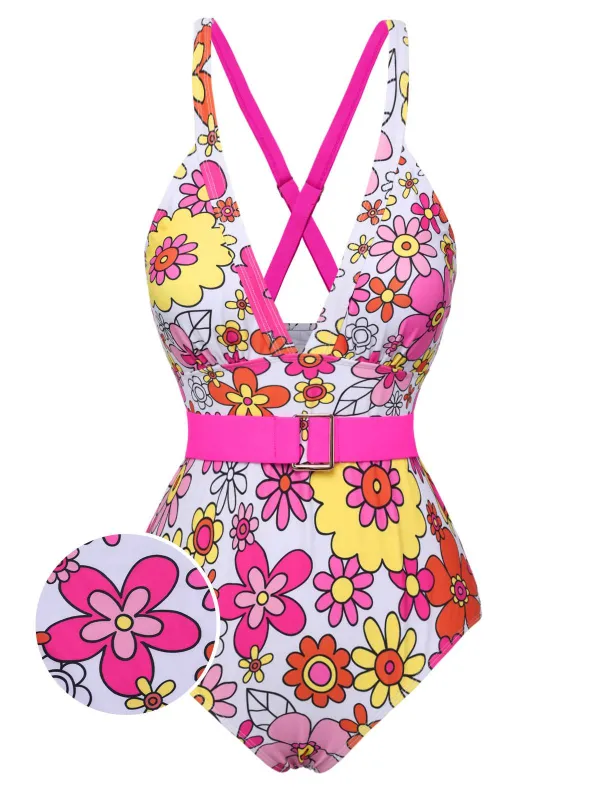 1960s Flowers Back-Cross Strap Belt Swimsuit sold by Retro Stage