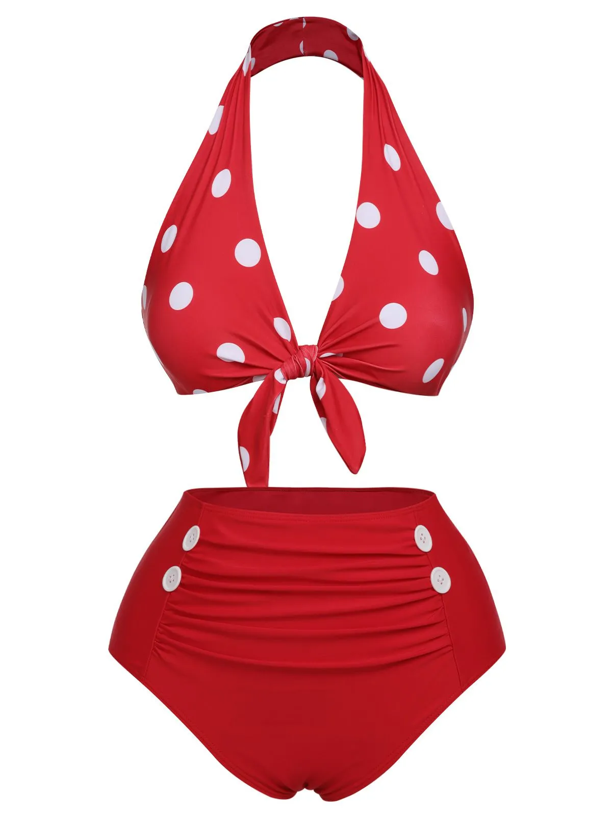 Red 1950s Polka Dot Tie Halter Swimsuit sold by Retro Stage product image thumbnail 2