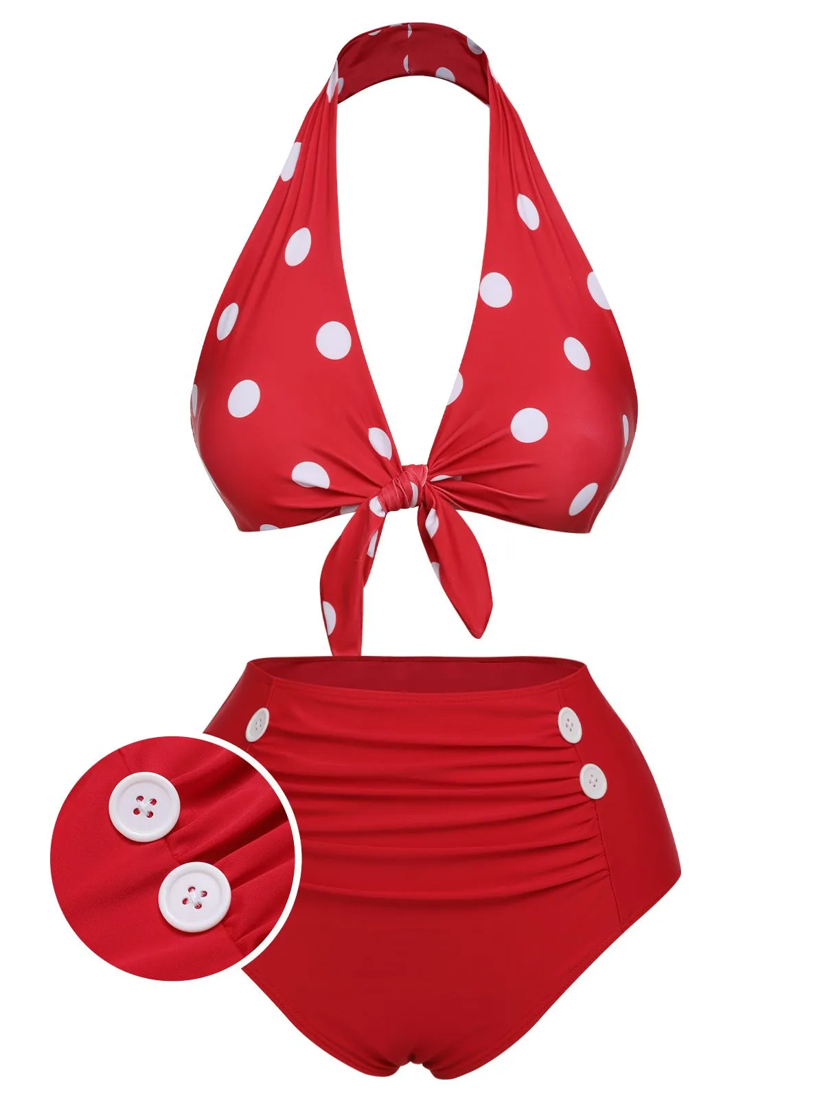 Red 1950s Polka Dot Tie Halter Swimsuit sold by Retro Stage