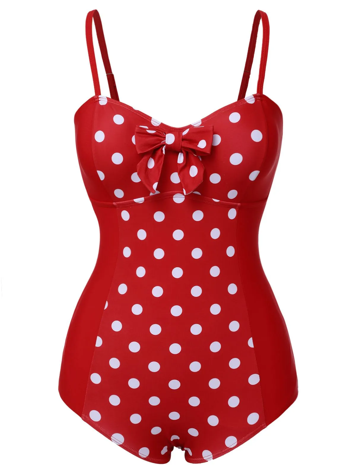 Red 1950s Polka Dot Patchwork Strap Swimsuit sold by Retro Stage product image thumbnail 2