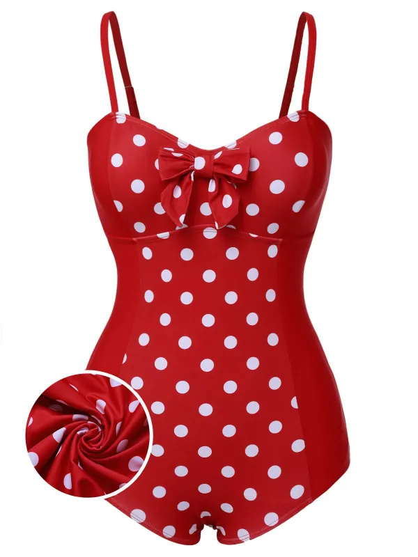 Red 1950s Polka Dot Patchwork Strap Swimsuit sold by Retro Stage